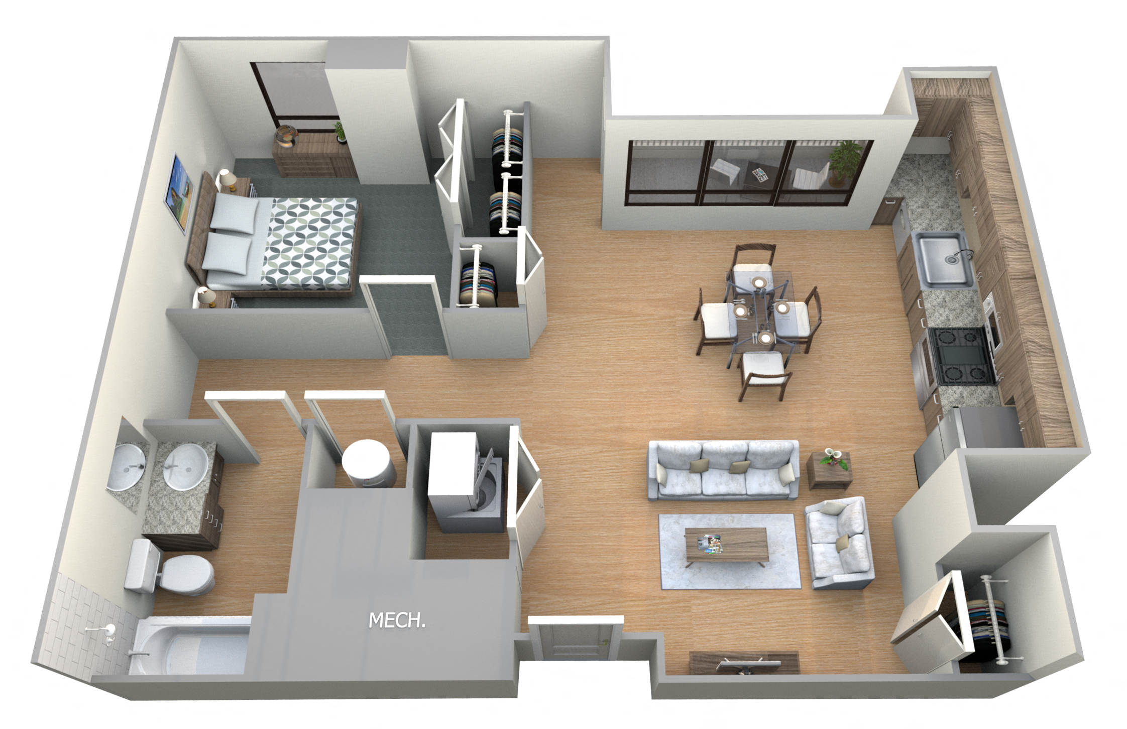 Floor plan for 1 bed, 1 bath, 821 sqft
